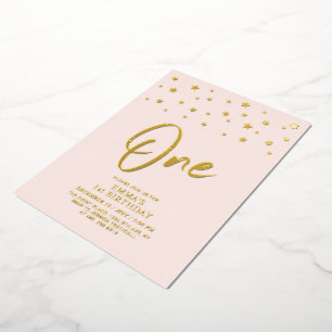 Gouden sterren   Roze Eén 1e verjaardagsfeestje Folie Uitnodiging