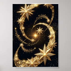 Gouden sterren wervelen Hemelse Magie Nacht Vliesd Poster