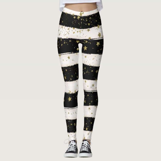 Gouden Sterren Zwart en Witte Strepen Leggings (Voorkant)