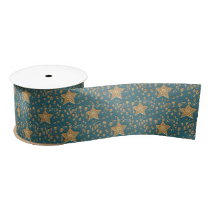 Gouden sterrenpatroon op blauwe nachthemel Elegant Satijnen Lint