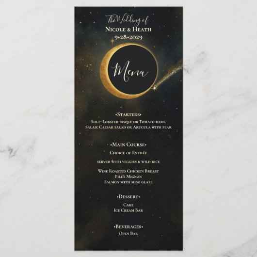 Gouden Sterrenstof Eclips Hemels Huwelijk Menu (Voorkant)
