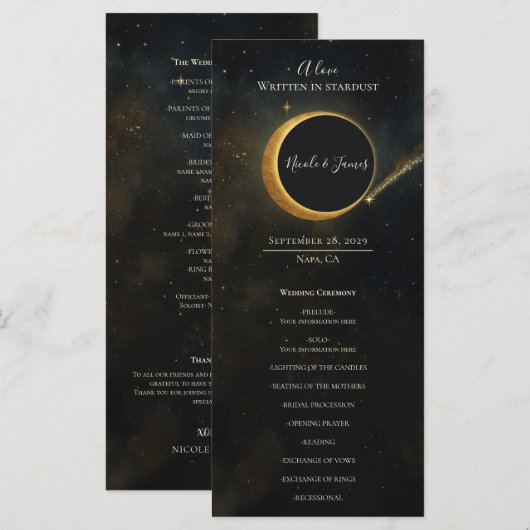 Gouden Sterrenstof Eclipse Hemels Huwelijksprogram Menu (Voorkant / Achterkant)
