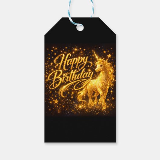 Gouden sterrenstof verjaardag — Fantasie eenhoorn Cadeaulabel (Voorkant)