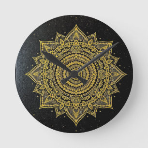 Gouden Steruitbarsting Mandala op Zwart Ronde Klok