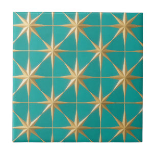 Gouden stervlam geometrisch turquoise midcentury tegeltje