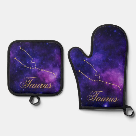 Gouden Stier Constellatie op Donkere Melkweg | Ovenwant & Pannenlap Set (Voorkant)