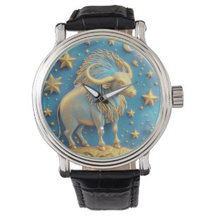 Gouden Stier Symbool Op Blauwe Cirkel Horloge