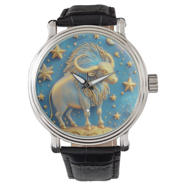 Gouden Stier Symbool Op Blauwe Cirkel Horloge (Voorkant)
