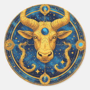 Gouden Stier Symbool Op Blauwe Cirkel Ronde Sticker