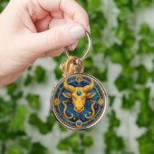 Gouden Stier Symbool Op Blauwe Cirkel Sleutelhanger (Hand)