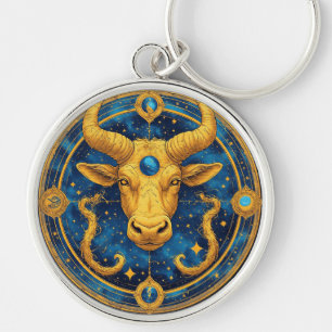 Gouden Stier Symbool Op Blauwe Cirkel Sleutelhanger