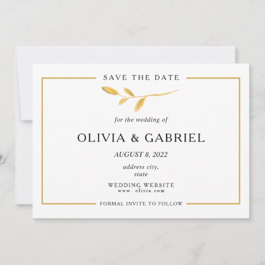 Gouden stijlvolle tak. Eenvoudige Typografie bruil Save The Date (Voorkant)