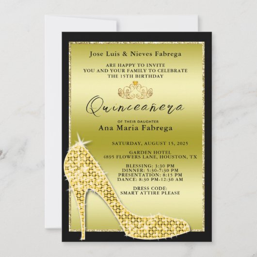 Gouden Stiletto Quinceañera verjaardagsfeestje voo Kaart (Voorkant)