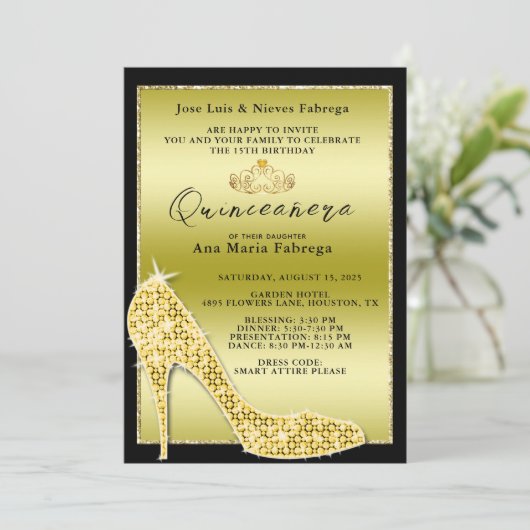 Gouden Stiletto Quinceañera verjaardagsfeestje voo Kaart (Staand voorkant)
