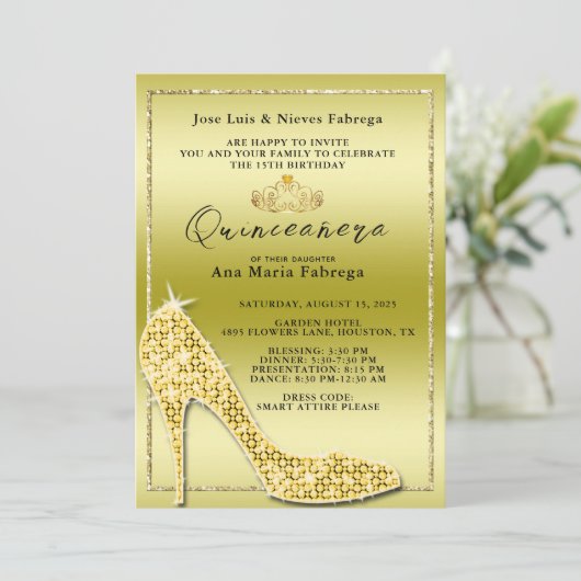 Gouden Stiletto Quinceañera verjaardagsfeestje voo Kaart (Staand voorkant)