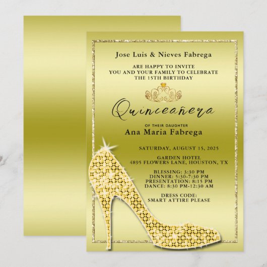Gouden Stiletto Quinceañera verjaardagsfeestje voo Kaart (Voorkant / Achterkant)