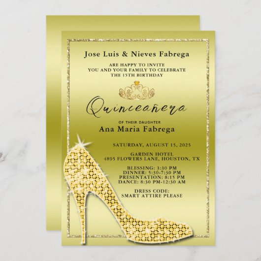 Gouden Stiletto Quinceañera verjaardagsfeestje voo Kaart (Voorkant / Achterkant)
