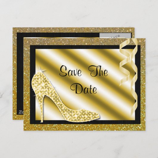 Gouden Stiletto & Streamers 50e Save The Date Aankondigingskaart (Voorkant / Achterkant)