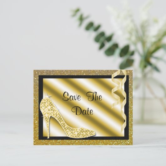 Gouden Stiletto & Streamers 60e Save The Date Aankondigingskaart (Staand voorkant)