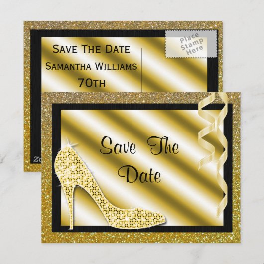 Gouden Stiletto & Streamers 70e Save The Date Aankondigingskaart (Voorkant / Achterkant)