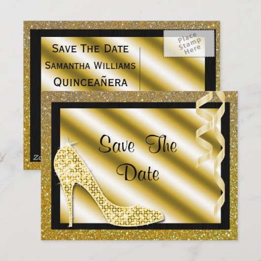 Gouden Stiletto & Streamers Quinceañera Aankondigingskaart (Voorkant / Achterkant)