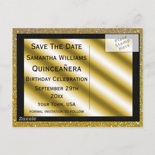 Gouden Stiletto & Streamers Quinceañera Aankondigingskaart (Achterkant)