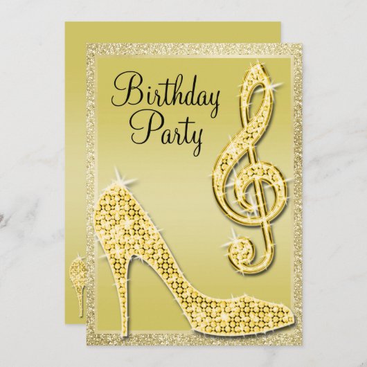 Gouden Stiletto & Treble Clef Verjaardag uitnodigi Kaart (Voorkant / Achterkant)