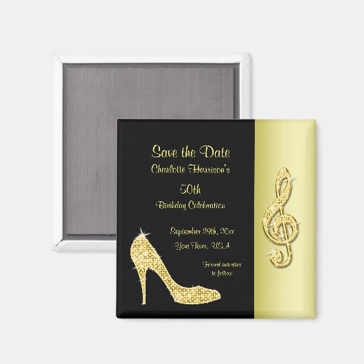 Gouden Stiletto & Treble Cleft 50e Save The Date Magneet (Voorkant / Achterkant)