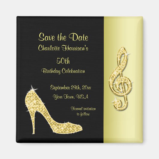 Gouden Stiletto & Treble Cleft 50e Save The Date Magneet (Voorkant)