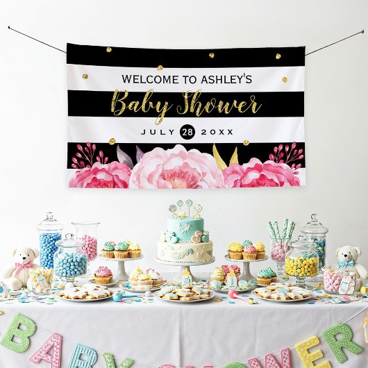 Gouden Stippen Floral Stripes Baby shower Party Spandoek