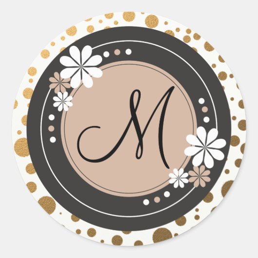 Gouden Stippen Monogram Stickers: Bloemen Lijst Ronde Sticker (Voorkant)