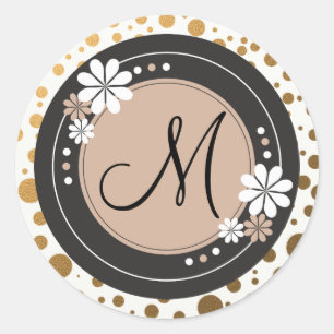 Gouden Stippen Monogram Stickers: Bloemen Lijst Ronde Sticker
