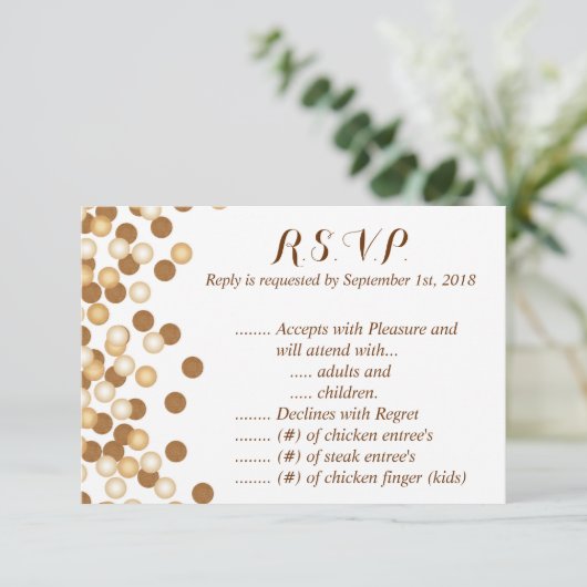 Gouden stippen op witte sterrenstof R.S.V.P. RSVP Kaartje (Staand voorkant)
