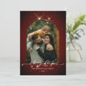 Gouden stof 3-foto feestelijke rode vrolijke kerst feestdagenkaart (Staand voorkant)