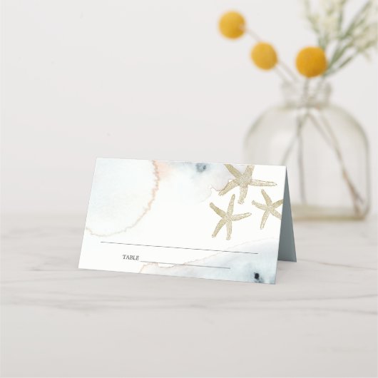 Gouden Stof Blauw Strand Stervis Bruiloft Plaatskaartje (Voorkant)