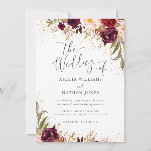 Gouden stof Bourgondië Floral Fall Wedding Kaart (Voorkant)