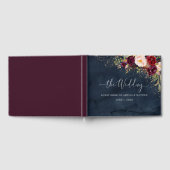 Gouden stof Bourgondische marine bloemenbruiloft Gastenboek (Volledig)