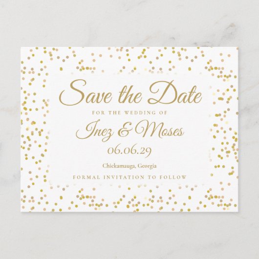 Gouden Stof Confetti Bewaar de Datum Briefkaart (Voorkant)