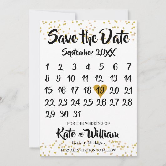 Gouden Stof Confetti Kalender Foto Save the Date (Voorkant)