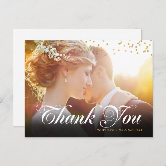 Gouden Stof Confetti Script Bedankt Foto Briefkaart (Voorkant / Achterkant)