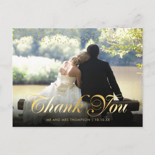 Gouden Stof Confetti Script Bedankt Trouwfoto Briefkaart (Voorkant)