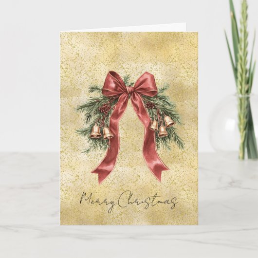 Gouden Stof Glans Confetti Rode Strik Kerstbellen Kaart (Voorkant)