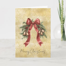Gouden Stof Glitter Confetti Rode Strik Kerstbelle Kaart
