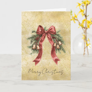 Gouden Stof Glitter Confetti Rode Strik Kerstbelle Kaart