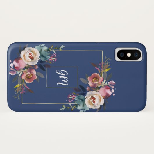 Gouden Stof Stofblauw Nevelroze Bloemen Monogram Case-Mate iPhone Case (Achterkant (horizontaal))