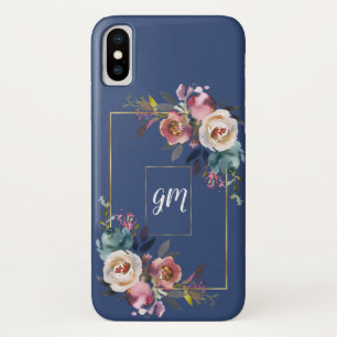 Gouden Stof Stofblauw Nevelroze Bloemen Monogram Case-Mate iPhone Case