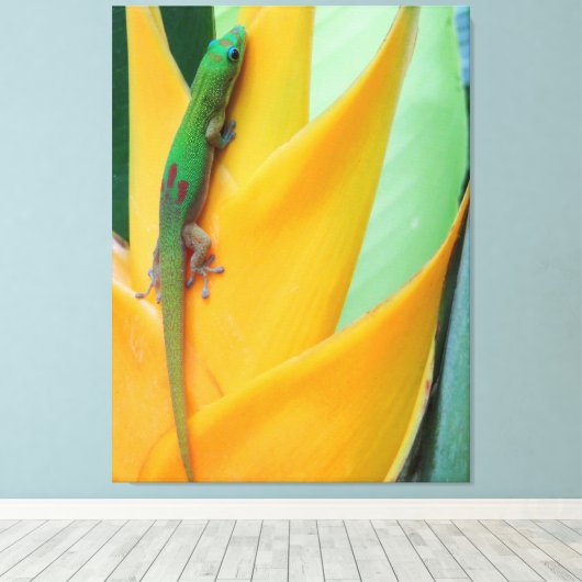 Gouden Stofdag Gecko op een Heliconia Canvas Afdruk (Insitu (Houten vloer))