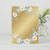 Gouden Stralende Stofblauwe Bruiloft Kaart (Staand voorkant)