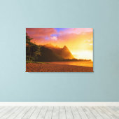Gouden strand zonsondergang, Hawaï Canvas Afdruk (Insitu (Houten vloer))