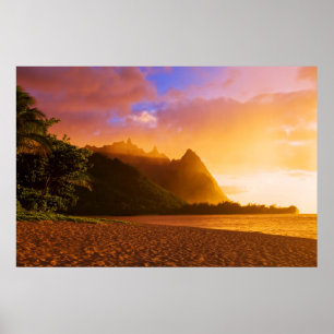 Gouden strand zonsondergang, Hawaï Poster